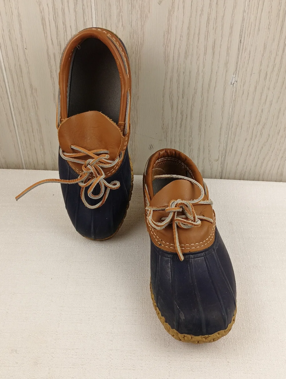 L.L. Bean tan leather &blue rubber low ankle gumshoe duck boot womens sz. 7M - Picture 11 of 15